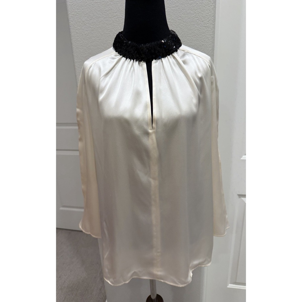 Marina Rinaldi 100% Ivory Silk L/S Blouse w/sequin neck & keyhole Italy Sz 12